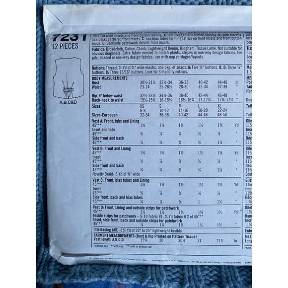 Simplicity 7231 Sewing pattern quilted vest 1980s size xs s m l xl - Picture 4 of 5